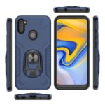 Blue rugged phone case with built-in ring holder and kickstand for Motorola phone.