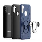 Three smartphone cases with a matching ring holder attachment.