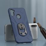 A blue phone case with a built-in ring holder on a smartphone.