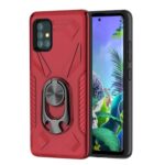 Red phone case with built-in ring holder for a smartphone.