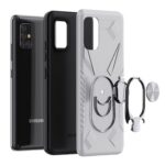 Samsung smartphone with black and gray protective cases and accessories.