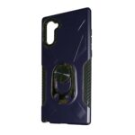 Dark blue phone case with a built-in ring holder and textured sides for grip.