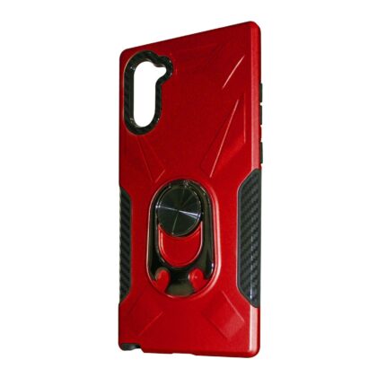 Red phone case with built-in black ring holder and textured grip sides.