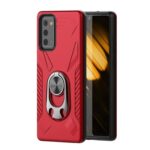 Red smartphone case with a metallic ring holder and textured design.