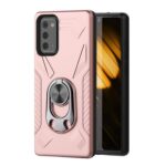 Smartphone with a pink protective case and ring holder.