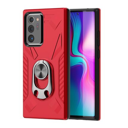 Red phone case with built-in ring holder on smartphone.