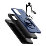 Two smartphones are shown, one with a blue case and ring holder, the other black.