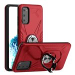 Red phone case with a built-in metal ring stand and textured design.