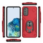 Red protective phone case with ring holder for a smartphone.