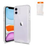 Clear protective phone case with packaging, displayed on an iPhone.