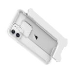 Transparent phone case showcasing a white smartphone with dual cameras.