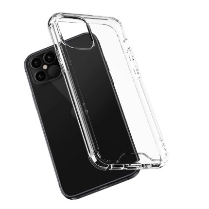 Clear protective phone case with reinforced corners beside a black smartphone.