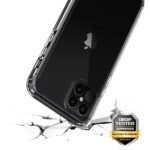 Black iPhone with a clear protective case shown on cracked surface.