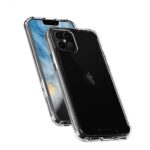 A sleek black iPhone with a clear protective case beside it.