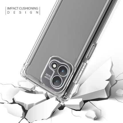 Clear impact-resistant phone case protecting a smartphone on cracked surface.