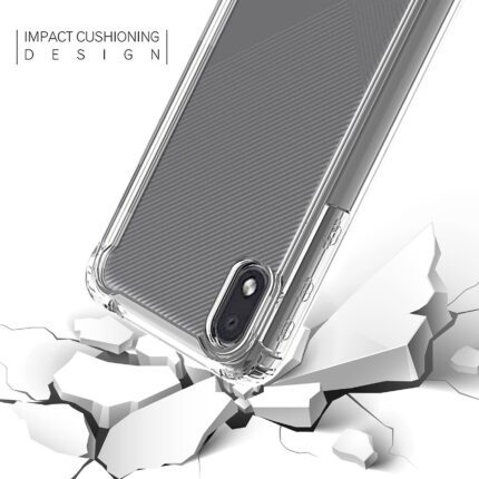 Clear phone case shown on cracked surface highlighting durability.