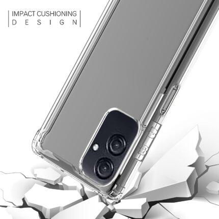 Clear phone case with impact cushioning design protecting a cracked surface.