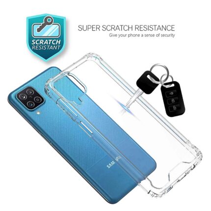 Transparent phone case with scratch-resistant feature and keychain attachment.
