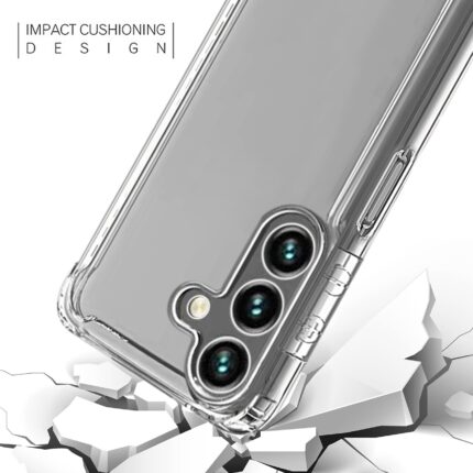 Clear impact-resistant phone case protecting a smartphone.