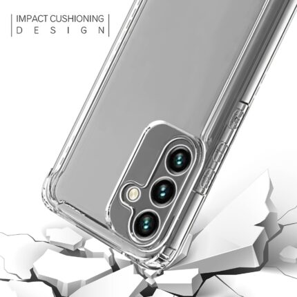 Clear phone case with reinforced corners for impact cushioning and camera protection.