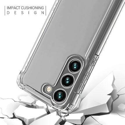 Clear phone case with impact cushioning corners and triple camera cutout.