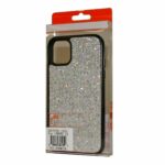 Sparkly silver phone case with black edges in packaging.