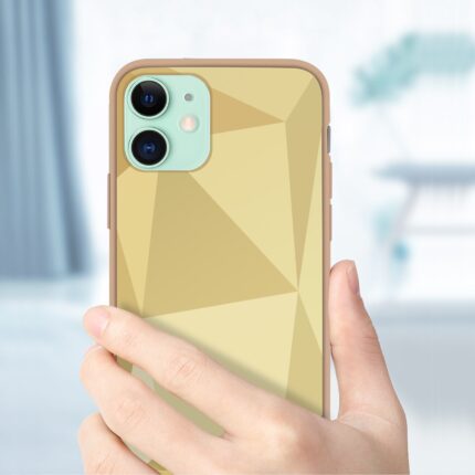 Hand holding a smartphone with a geometric-patterned yellow case.