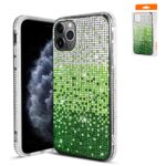 Clear phone case with green and white pixelated glitter design.