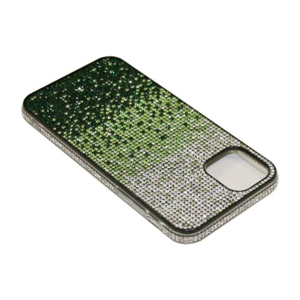 Elegant phone case with green and silver rhinestones.