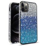 Smartphone with a sparkling blue and silver rhinestone case.