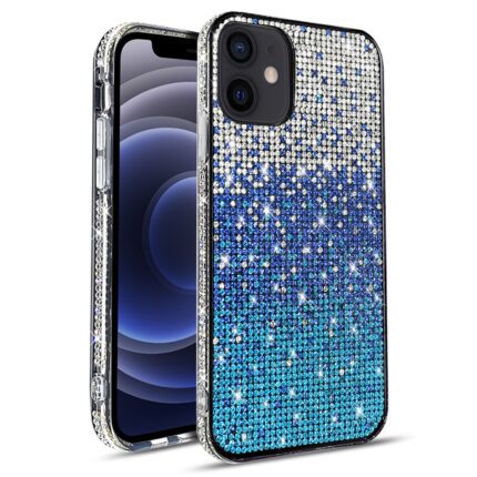 Smartphone with a blue and silver rhinestone-studded case.