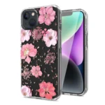 Smartphone case with pink floral design on a black background.