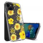 Clear phone case with vibrant yellow flowers on a black background.
