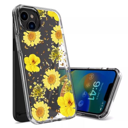 Clear phone case with vibrant yellow flowers on a black background.