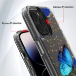 Black phone case with butterfly design and protective features for camera and screen.