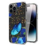 iPhone with clear case featuring blue butterflies and gold flakes.