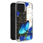 Clear phone case with blue butterfly and floral design.