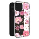 Clear phone case with pink floral design on black smartphone.