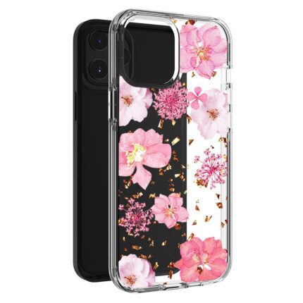 Clear phone case with pink floral design on black smartphone.