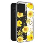 Clear phone case with yellow sunflower design and black background.