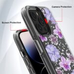Black phone case with purple floral design and camera protection.