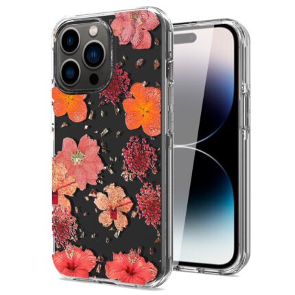 Smartphone with a floral transparent protective case.