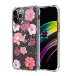 Transparent phone case with pink and white floral design for iPhone.
