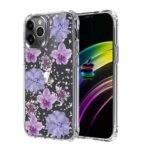 Clear phone case with purple floral design for iPhone.