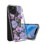 Transparent phone case with purple floral design on a smartphone.