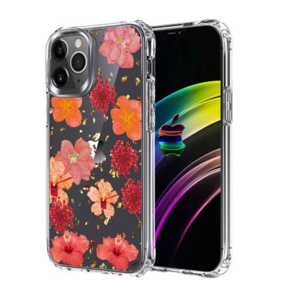 Transparent phone case with vibrant red and orange floral design.