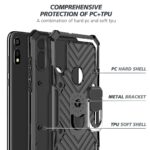 Diagram showing components of a rugged phone case with PC hard shell, metal bracket, and TPU soft shell.