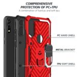 Red and black rugged phone case with multiple protective layers.