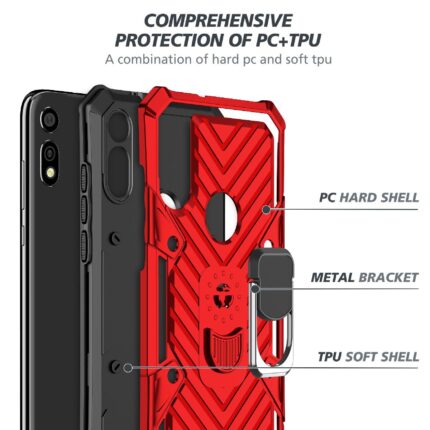 Red and black rugged phone case with multiple protective layers.