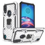 Rugged white phone case with black accents and built-in ring holder.